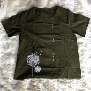 Olive Green Dandelion Printed Button Top